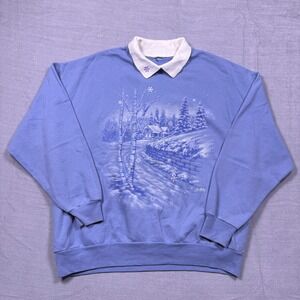 Womens Blue Nature Graphic‎ Pullover Collared Long Sleeve Outdoor Sweatshirt